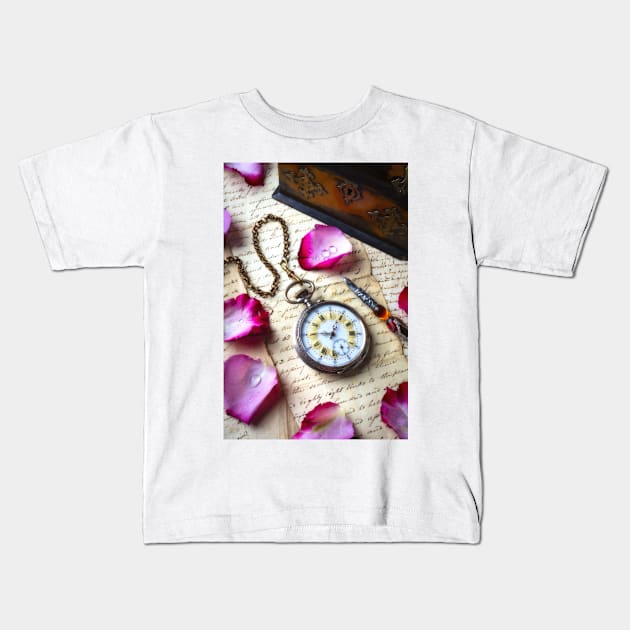 Old pocket Watch And Rose Petals Kids T-Shirt by photogarry